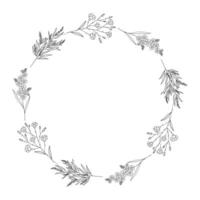Botanical wreath of floral branches with leaves and flowers. Round frame of twigs, black contour, isolated on white. Sketch garland for wedding decoration and design projects, black vector