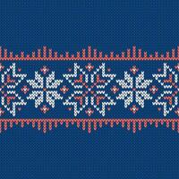Scandinavian knitted seamless pattern. Norwegian native style sweater, ornament with snowflakes. Fair Isle design. Wool texture. Winter holiday background, red blue vector