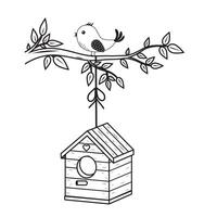 Birdhouse on a branch with a doodle bird, outline, coloring vector