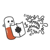 a cartoon pill with a shield vs virus vector