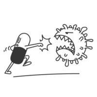 a cartoon virus is attacking a pill character vector