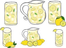Lemonade with fruit slices isolated set. Fresh citrus, half sliced lemons and chopped lemon. Graphic line ink illustration icons set on white For logo, web, package, sticker. vector