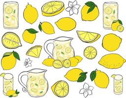 Lemon and lemonade set. graphic line ink yellow colored isolated on white background. illustration for package, kitchen design, fabric and textile. vector