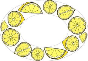 illustration of lemon slices oval frame. Graphic line yellow ink template on transparent background. art for food design, recipe, cook book, packages, menu, food ads and decor vector