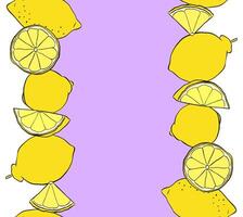 Lemons citric fruits whole and slices seamless horizontal border frame. Hand drawn graphic line ink yellow colored illustration. Ideal for menu, package, cosmetic, textile, cards vector