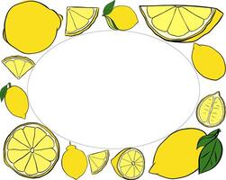 Yellow lemon whole and slices rectangle frame. graphic line ink text frame template. Sample poster, party invitation, holiday banner, postcard. vector