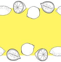 Lemons whole and cut seamless horizontal border frame. black and white colored Citrus lemons line graphic ink art. Design for menu, package, cosmetic, textile, package vector