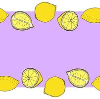 Lemons whole and cut seamless horizontal border frame. yellow colored Citrus lemons line graphic ink art. Design for menu, package, cosmetic, textile, package vector