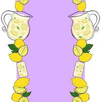 Lemonade with lemons whole and slices, green leaves seamless vertical border frame. yellow colored graphic line ink illustration. art for food design, recipe, cook book, packages, menu vector