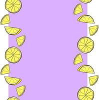 Citrus lemon slices vertical seamless border frame. graphic line ink yellow colored pattern background template. Design for menu, package, cosmetic, textile, package. vector