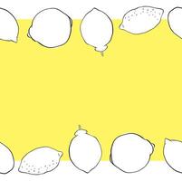 Lemon whole citric fruits seamless horizontal border frame. Hand drawn graphic line ink illustration. black and white Banner for menu, package, cosmetic, textile, cards vector