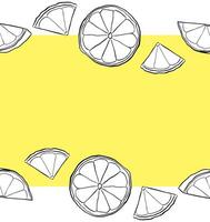 Citrus lemon slices horizontal seamless border frame. black and white colored graphic line ink pattern background border. Design for menu, package, cosmetic, textile, package. vector