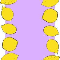 Lemon whole fruit seamless vertical border frame isolated on transparent background. graphic line ink yellow colored illustration. art for food design, recipe, cook book, packages, menu vector