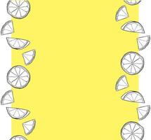Citrus lemon slices vertical seamless border frame. graphic line ink black and white pattern background template. Design for menu, package, cosmetic, textile, package. vector