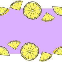 Citrus lemon slices horizontal seamless border frame. Yellow colored graphic line ink pattern background border. Design for menu, package, cosmetic, textile, package. vector