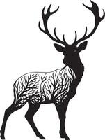 a black and white silhouette of a deer with branches vector