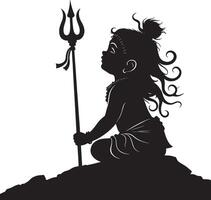 black and white silhouette of a little hindu boy with a trident vector