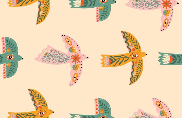 Folk doves seamless pattern with eyes, flowers and leaves. background for fabric, cover, stamp. Spring illustration.