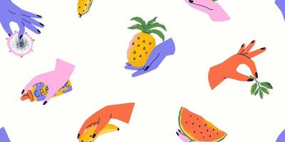 Quirky summer pattern with hands holding fruit. Print texture with dragon fruit, banana, watermelon, pineapple. seamless illustration. vector