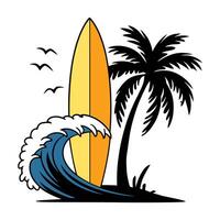 Surfboard with Ocean Wave and Palm Tree Illustration vector