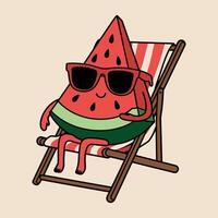 Watermelon Character Relaxing on a Beach Chair vector