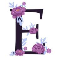 The letter e is made up of purple flowers vector