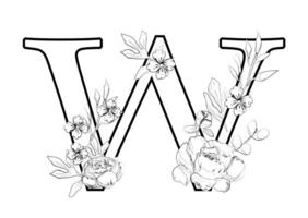 A coloring page with the letter w and flowers vector