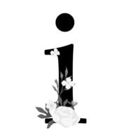 A black and white illustration of a number one with flowers vector