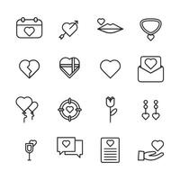 A set of white and black icons that include hearts, a broken heart, a rose vector