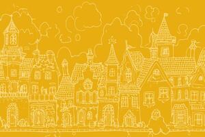 Charming village landscape with whimsical architecture under a yellow sky vector