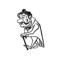 Retro man slouching with cane, line monochrome vector