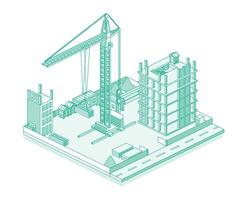 Construction site with crane and skyscraper Process of building a multi-storey building. Illustration in outline style. Isometric view of a monolithic frame building. vector