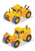 Isometric modern yellow agricultural tractor, front and rear views. Illustration isolated on a white background. vector