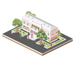 Isometric view of museum building. Beautiful classical building with columns. Trees and people around. vector