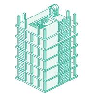 Building process concept. Construction of skyscraper. Process of building multi-storey building. Urban architecture. Outline style. Isometric monolithic frame building. vector
