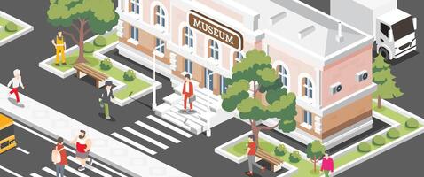 Isometric view of a museum building. of a beautiful classical building with columns, surrounded by trees, cars, and people. City scene with a sidewalk, school bus and two trucks. vector