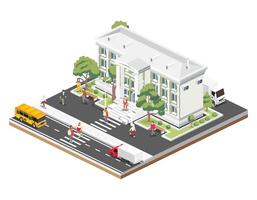 Isometric view of courthouse building, bank, university or governmental institution. Public building with high columns, surrounded by trees, cars, and people. Illustration. Justice concept vector