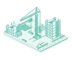 Construction site with crane and skyscraper. Process of building a multi-storey building. Illustration in outline style. Isometric view of a monolithic frame building vector