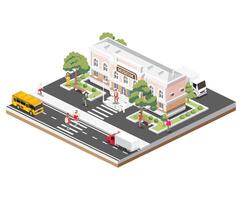 Isometric view of a museum building. Illustration of a beautiful classical building with columns, surrounded by trees, cars, and people. City scene with a sidewalk, a yellow school bus and two trucks. vector