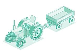 Isometric old tractor without roof with trailer isolated on white background. Outline vintage object. Large heavy modern agricultural tractor for fieldwork. vector