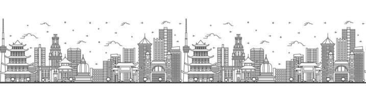 Seamless pattern with outline Wuhan China City Skyline with Modern Buildings Isolated on White. Wuhan Cityscape with Landmarks. vector