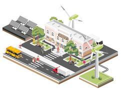 Isometric museum building. Illustration. Classical building with columns, surrounded by trees, cars, and people. Solar panels and wind turbines. Ecology conservation. Sustainable energy. vector