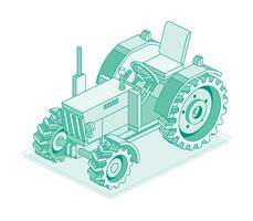 Isometric old tractor without roof isolated on white background. Outline vintage object. Large heavy modern agricultural tractor for fieldwork. vector