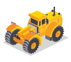 Isometric yellow tractor isolated on white background. Rear view. Single object. Large modern agricultural tractor. vector