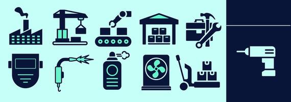 Manufacturing icon set with factory, assembly, industrial equipment, crane, welding, fork lift, fan. Editable elements, size and color. vector