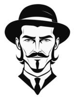 Man with medium hair, low crown derby hat and moustache, in the style of the 1990s. Turn of the century style. vector