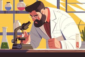 Vibrant illustration male scientist in laboratory, engaged in research. Surrounded by colorful test tubes and scientific equipment, he embodies curiosity and innovation in the field of science. vector