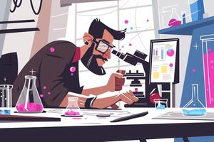Simple flat illustration of male scientist in laboratory. He is surrounded by scientific equipment and test tubes, showcasing a modern and clean design that emphasizes research and innovation. vector