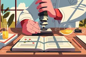Colorful illustration of a male scientist in a laboratory, surrounded by test tubes and equipment. His focused expression and vibrant setting convey a sense of discovery and innovation science. vector