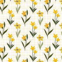 Seamless yellow floral pattern with spring flowers on a gingham background. A charming pattern featuring hand-drawn summer flowers. Perfect for fabric design, wallpapers, stationery, wrapping paper. vector